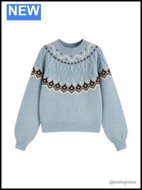Women's Fair Isle Sweater Cropped Long Sleeve Wool Blend Cozy Pullover